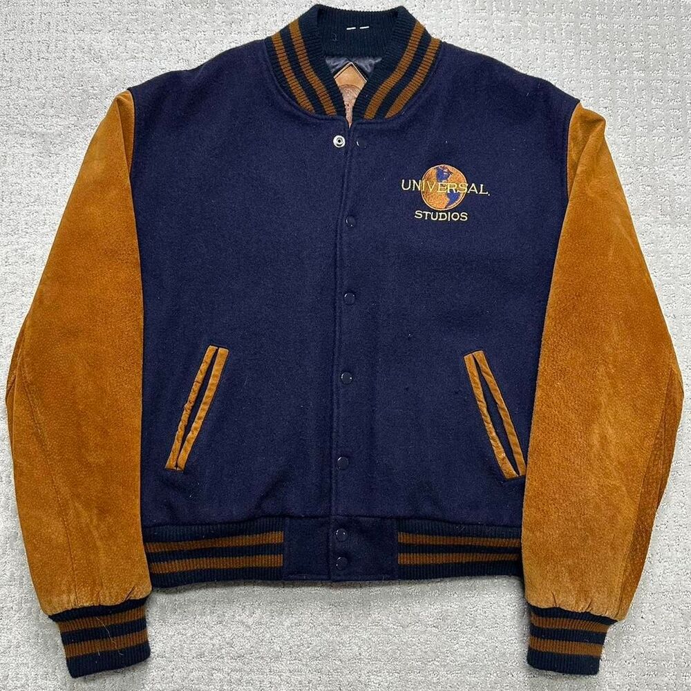 90s Universal Studios, navy and brown varsity jacket